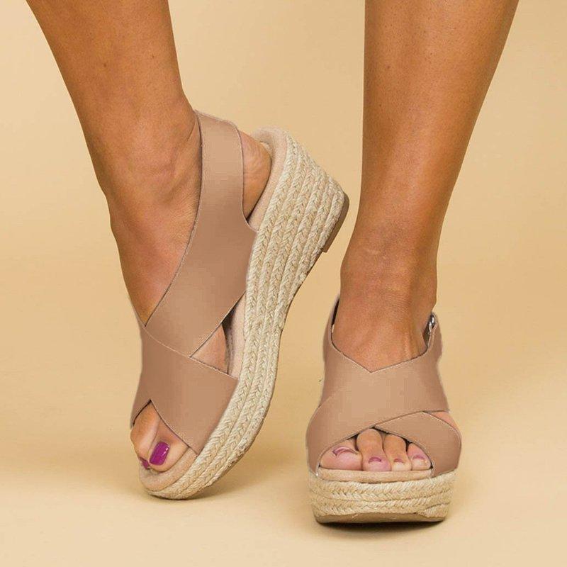 Peep Toe Magic Tape Wedges Crossed Sandals