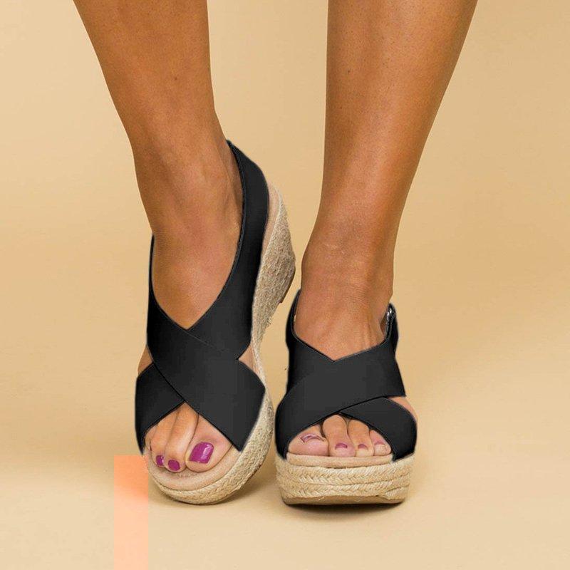 Peep Toe Magic Tape Wedges Crossed Sandals