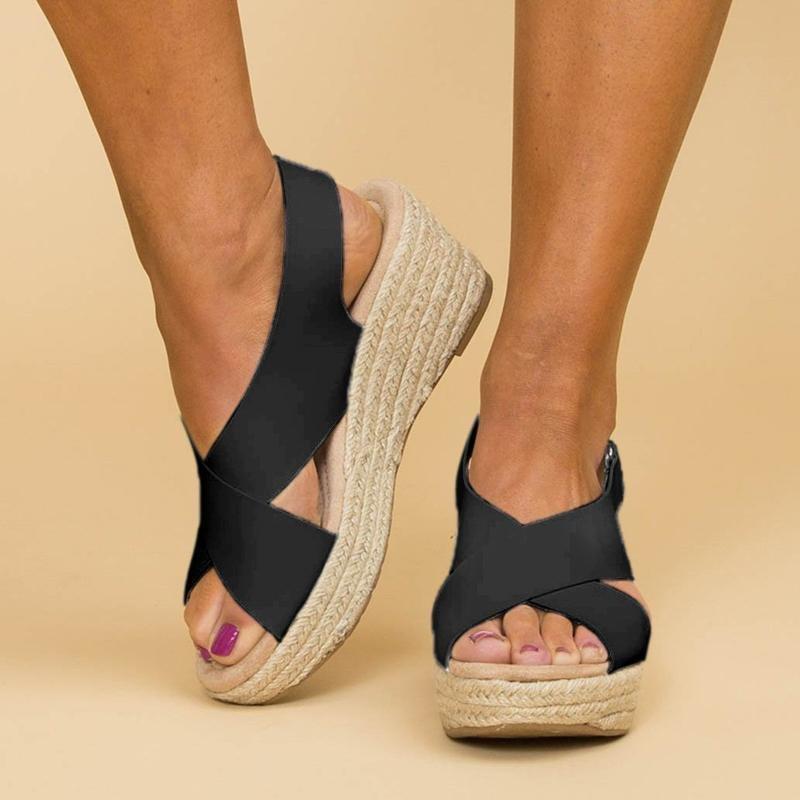 Peep Toe Magic Tape Wedges Crossed Sandals