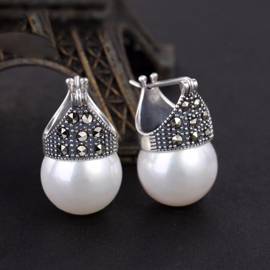 Vintage Autentic 926 Sterling Sterling Silver Natural Mother of Pearl Woman Earrings