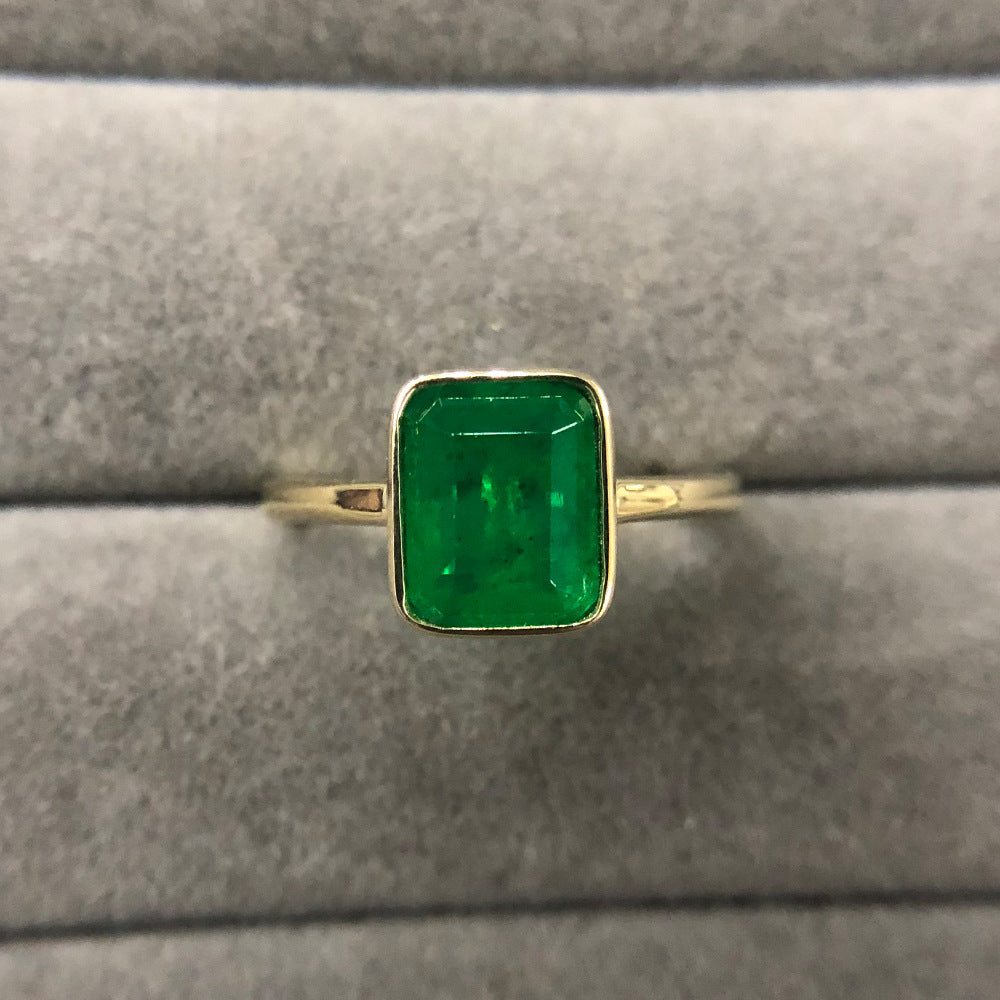 Vintage 925 Golden Rings with Natural 18k Gold Emerald Rectangle Beveled Stone