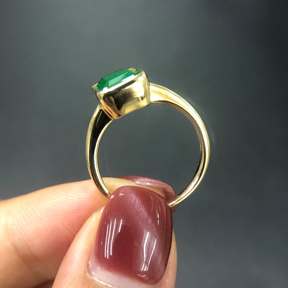 Vintage 925 Golden Rings with Natural 18k Gold Emerald Rectangle Beveled Stone