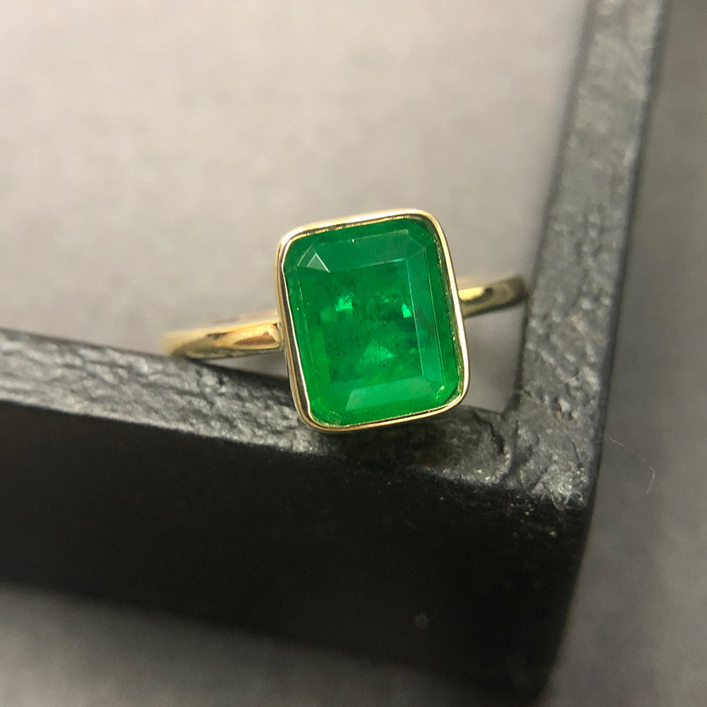 Vintage 925 Golden Rings with Natural 18k Gold Emerald Rectangle Beveled Stone