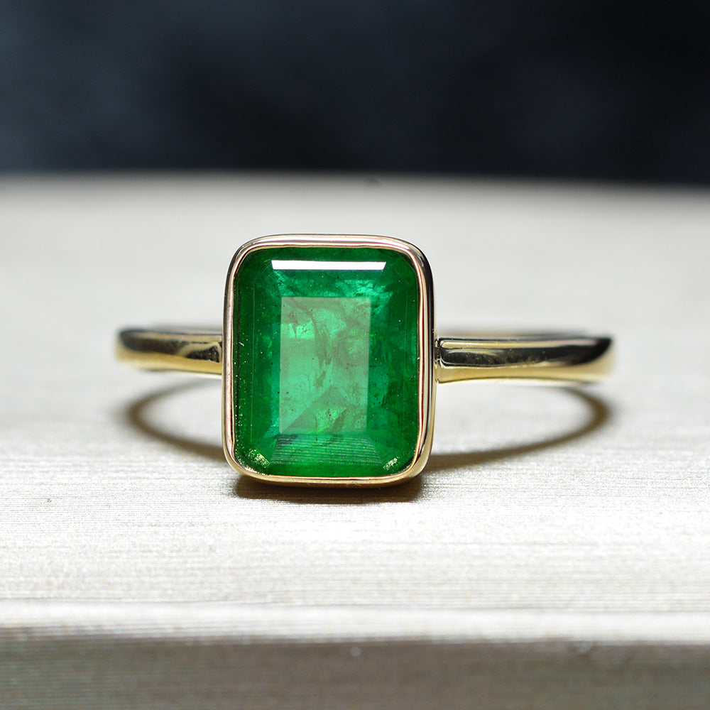 Vintage 925 Golden Rings with Natural 18k Gold Emerald Rectangle Beveled Stone