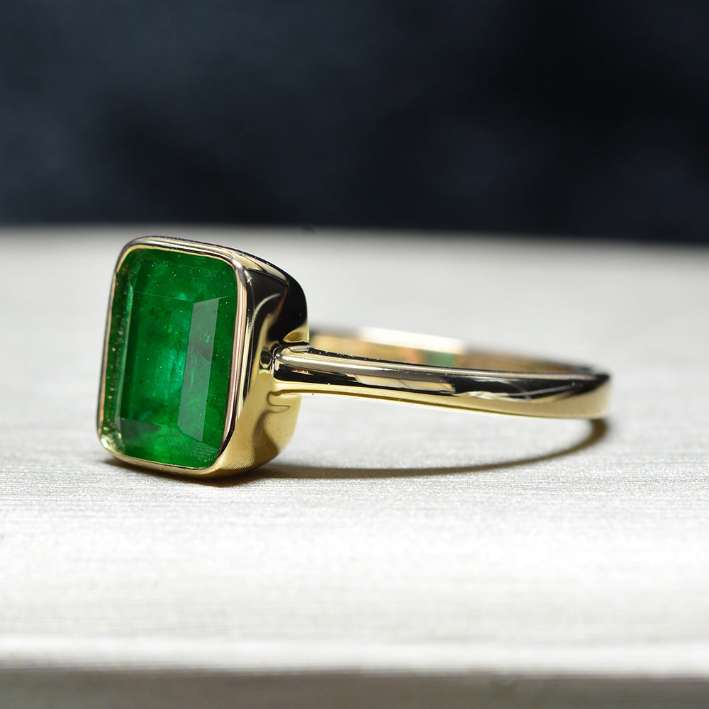 Vintage 925 Golden Rings with Natural 18k Gold Emerald Rectangle Beveled Stone