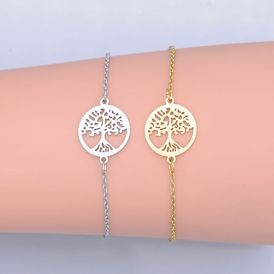 100% Stainless Steel Dainty Round Tree Of Life Charm Bracelet