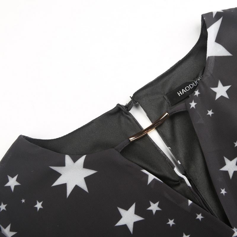 Black Stars Printed Long Sleeve V-neck Sheer Dress