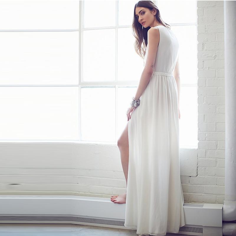 White Deep V Neck Sleeveless Maxi Dress