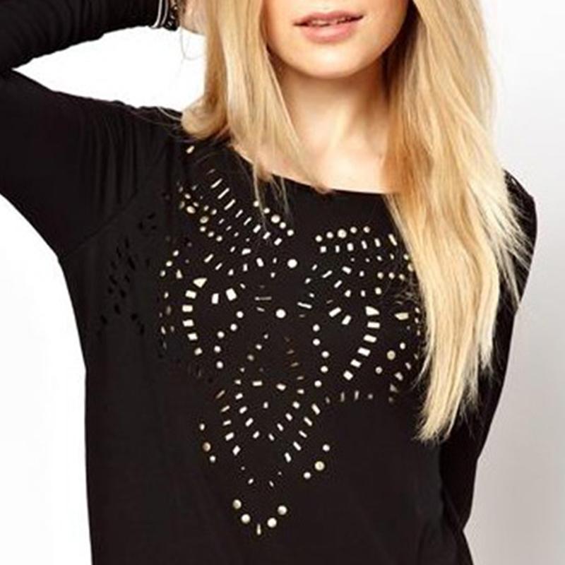 Black Hollow Out Crew Neck Long Sleeve Slim Dres