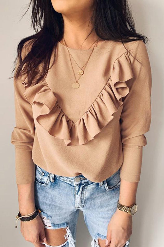 Ruffle Round Neck Long Sleeve Top