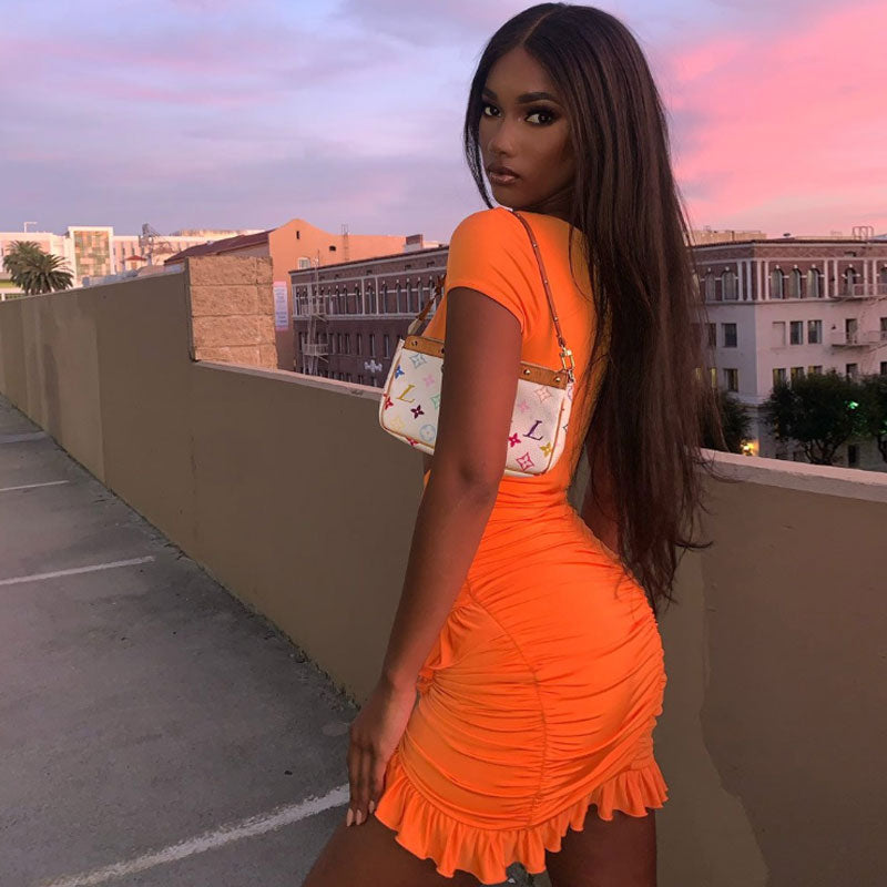 Sexy V Neck Floss Strap Ruched Bodycon Party Mini Dress - Orange