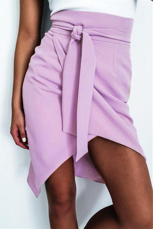 Solid Color Belt Front Slit Skirt