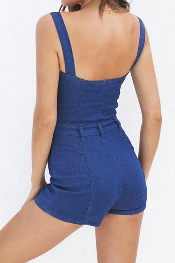Solid Color Buttons Sleeveless Rompers