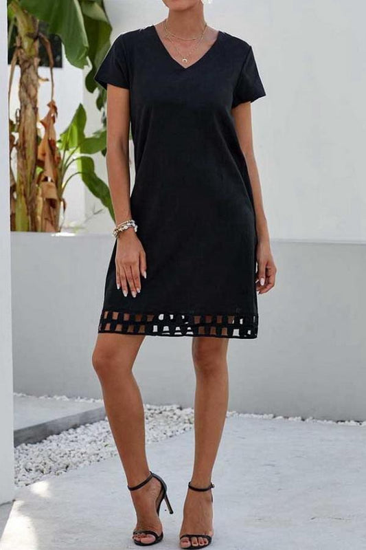 Solid Color V-neck Short-sleeved Slim Dress