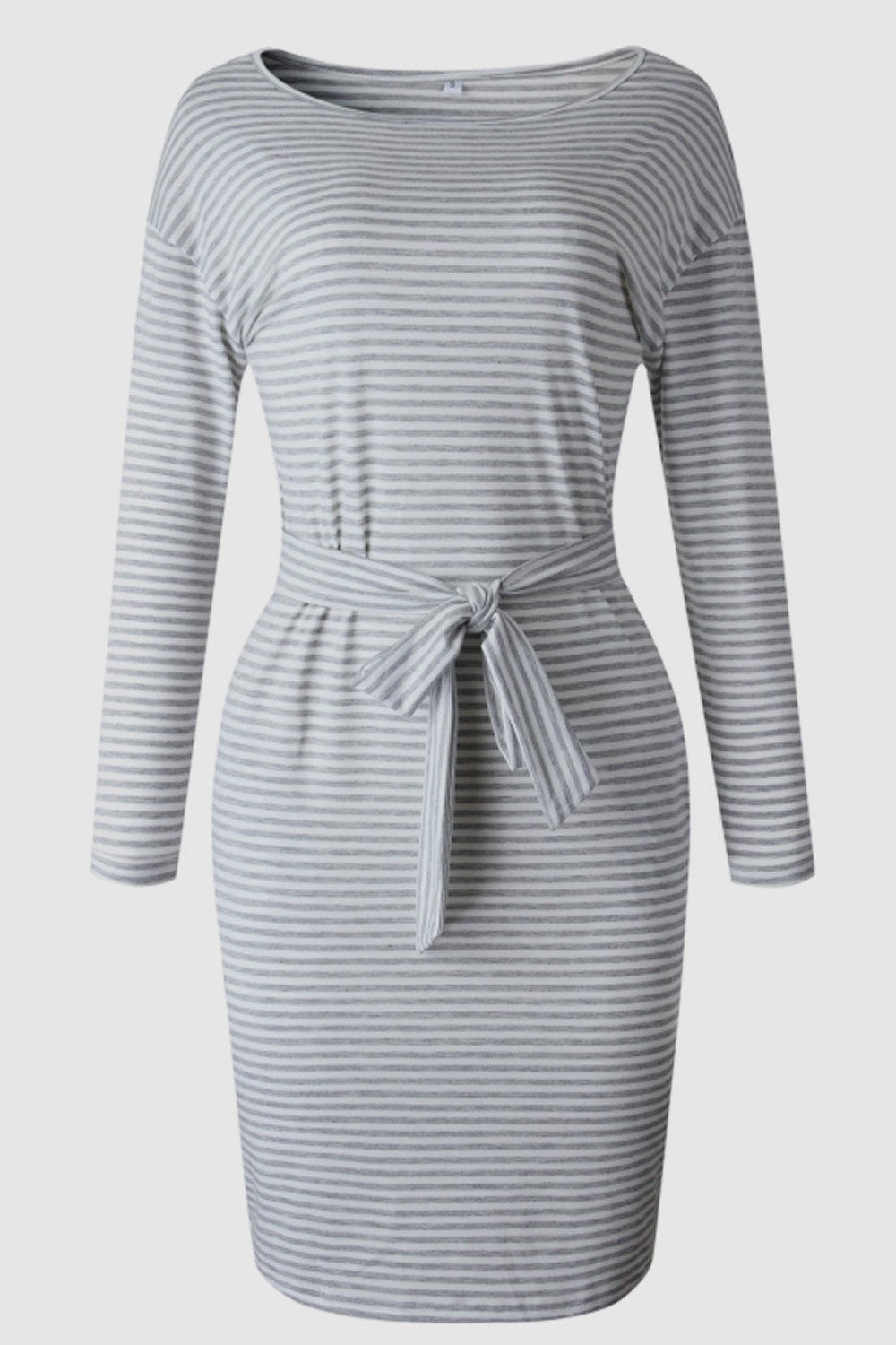Striped Belt Long-sleeve Dress