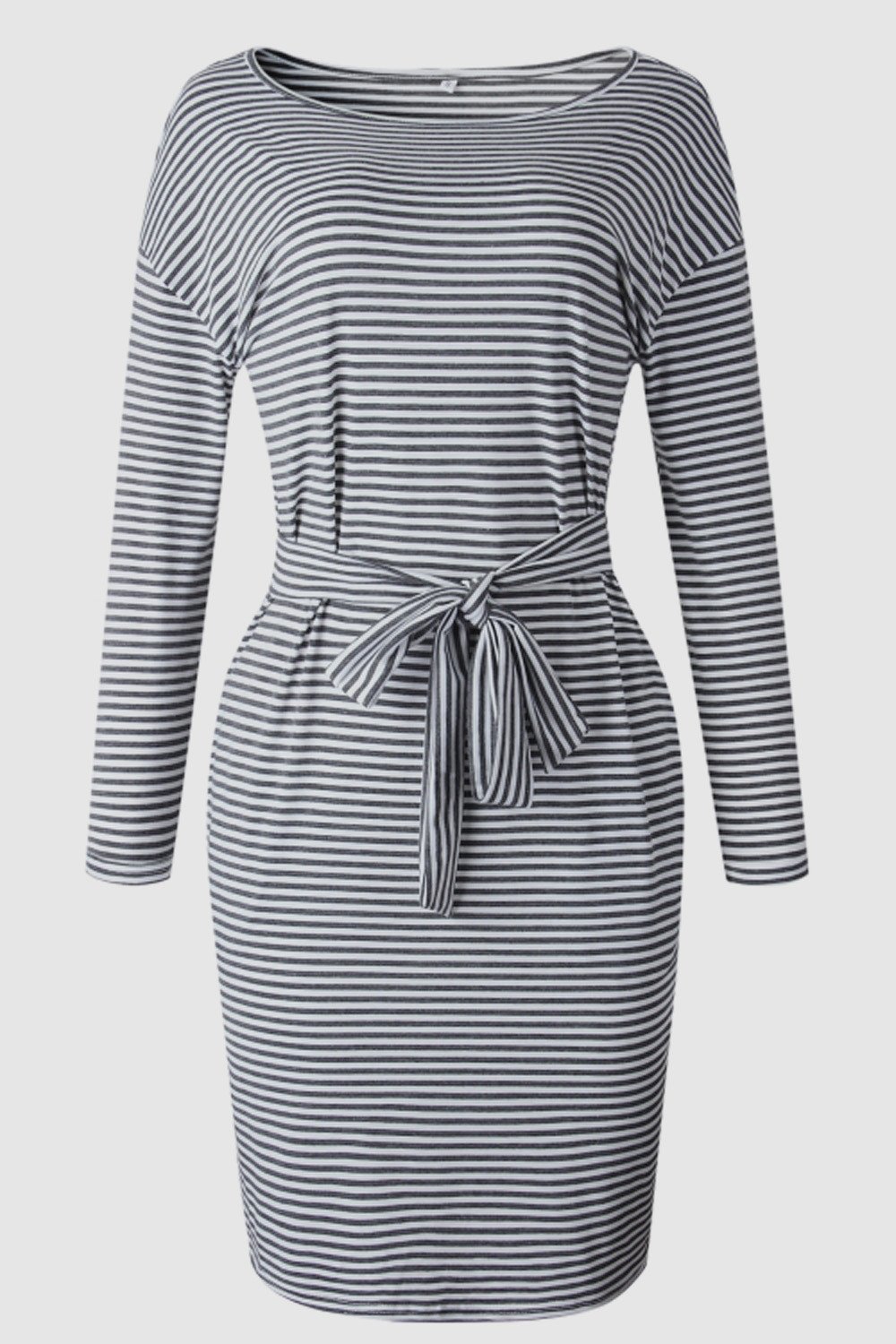 Striped Belt Long-sleeve Dress