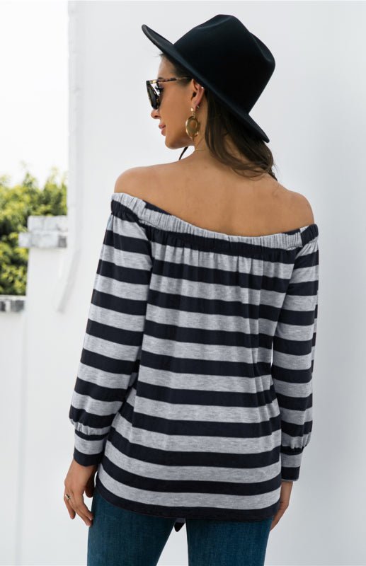 Striped Blouse With One-Shoulder Button Decoration And Tie Knot