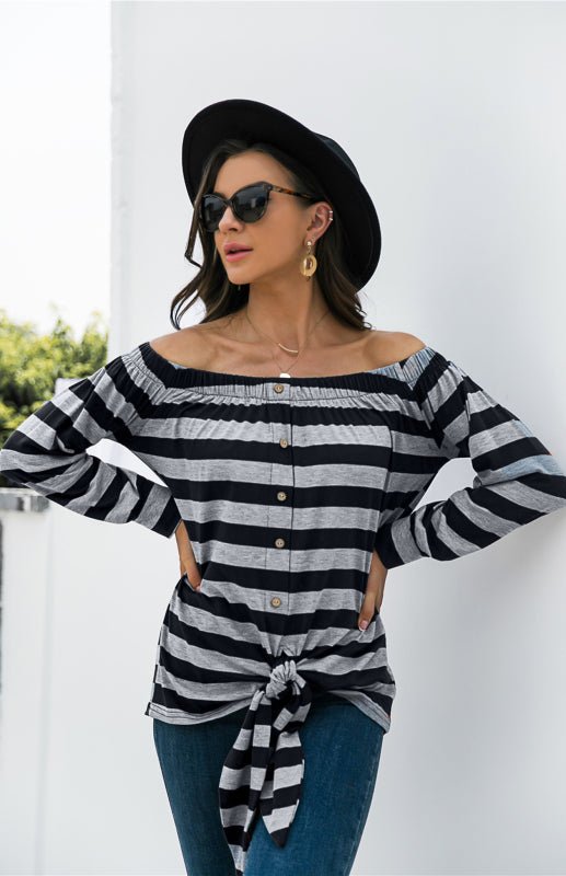 Striped Blouse With One-Shoulder Button Decoration And Tie Knot