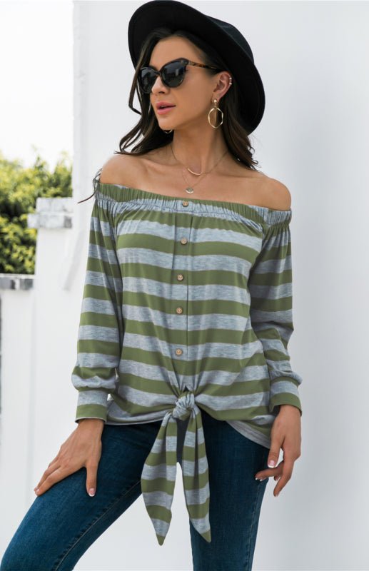 Striped Blouse With One-Shoulder Button Decoration And Tie Knot