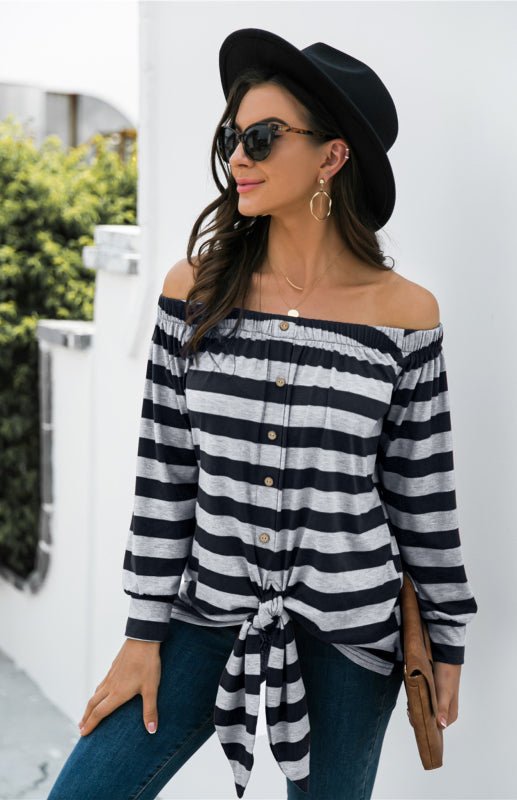 Striped Blouse With One-Shoulder Button Decoration And Tie Knot