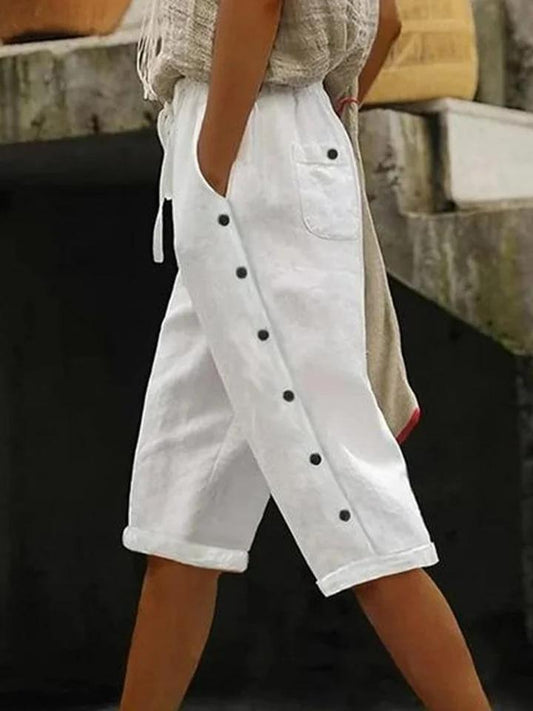 Casual Plain Capris Elastic Waist Buckle Pant