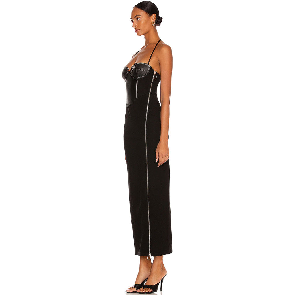 Unique Halter Zip Side Panel Leather Cocktail Midi Dress - Black