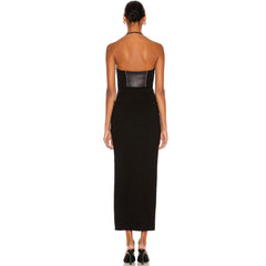 Unique Halter Zip Side Panel Leather Cocktail Midi Dress - Black