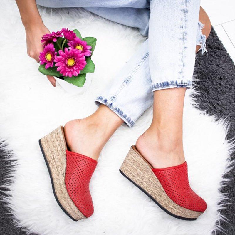 Vintage Hollow-out Closed Toe Wedges Sandals Filler Heel Slippers