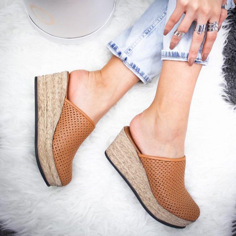 Vintage Hollow-out Closed Toe Wedges Sandals Filler Heel Slippers