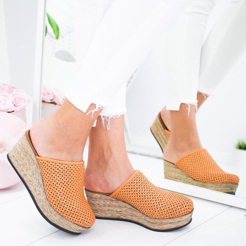 Vintage Hollow-out Closed Toe Wedges Sandals Filler Heel Slippers