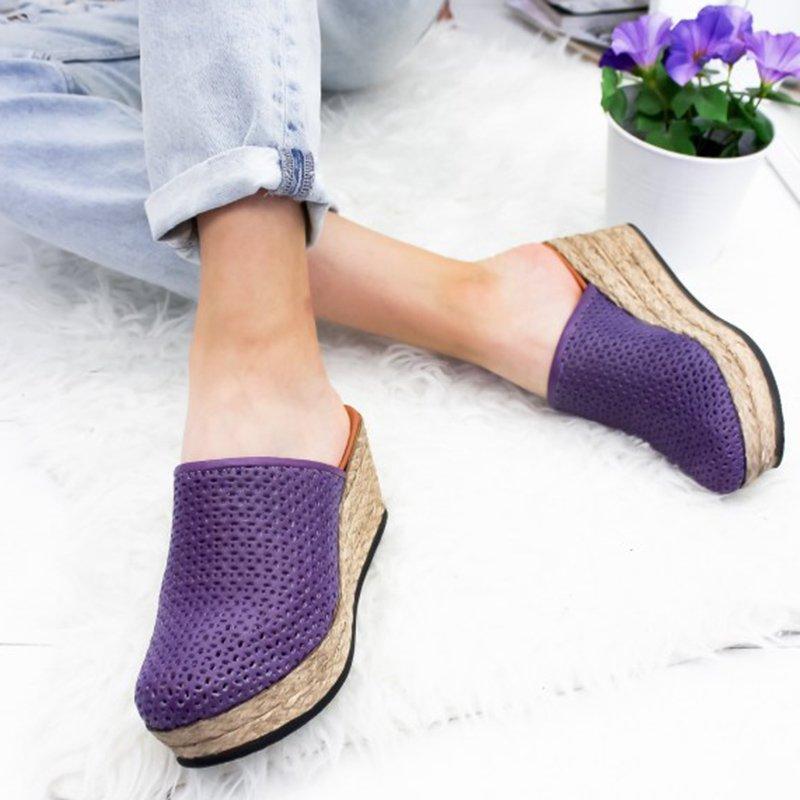 Vintage Hollow-out Closed Toe Wedges Sandals Filler Heel Slippers