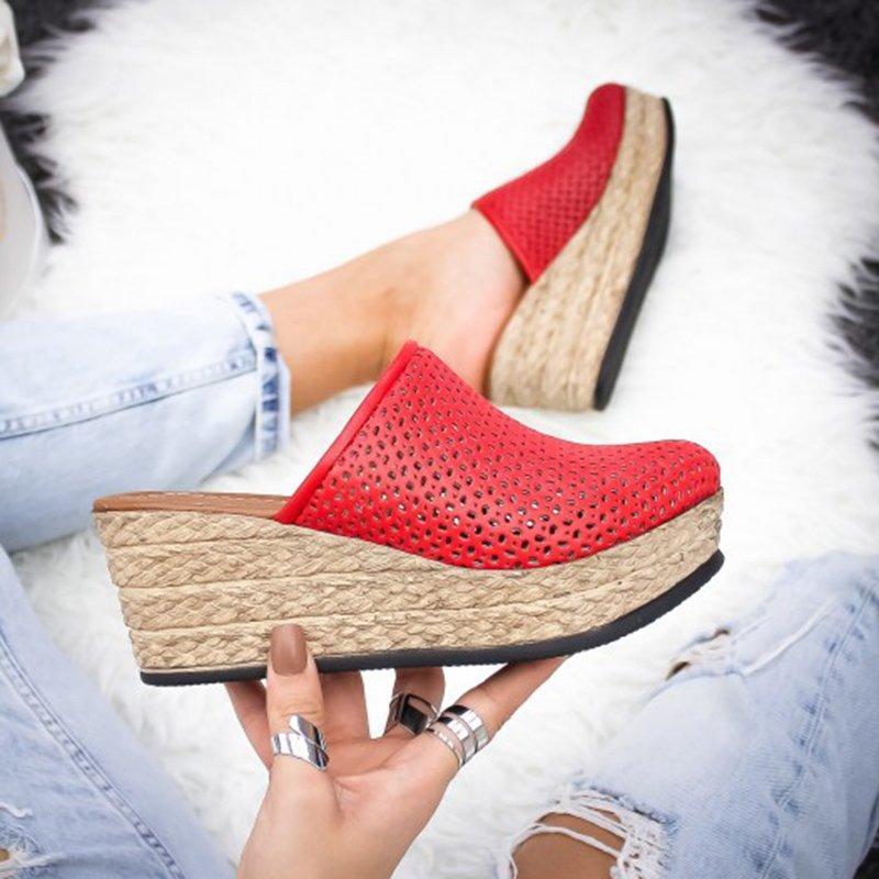 Vintage Hollow-out Closed Toe Wedges Sandals Filler Heel Slippers