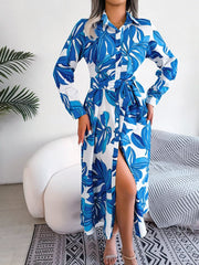 Women's Abstract Floral Print Long Sleeve Belted Shirtdress