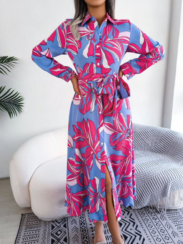 Women's Abstract Floral Print Long Sleeve Belted Shirtdress