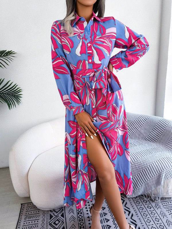 Women's Abstract Floral Print Long Sleeve Belted Shirtdress