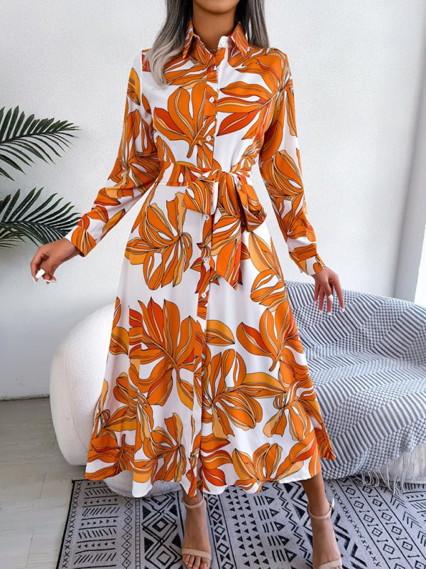 Women's Abstract Floral Print Long Sleeve Belted Shirtdress