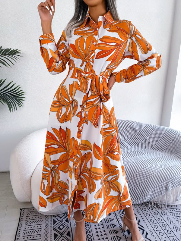 Women's Abstract Floral Print Long Sleeve Belted Shirtdress