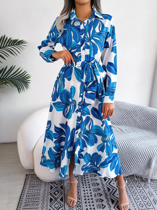 Women's Abstract Floral Print Long Sleeve Belted Shirtdress