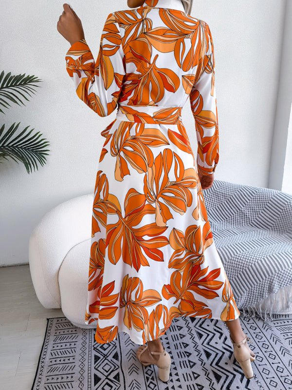 Women's Abstract Floral Print Long Sleeve Belted Shirtdress