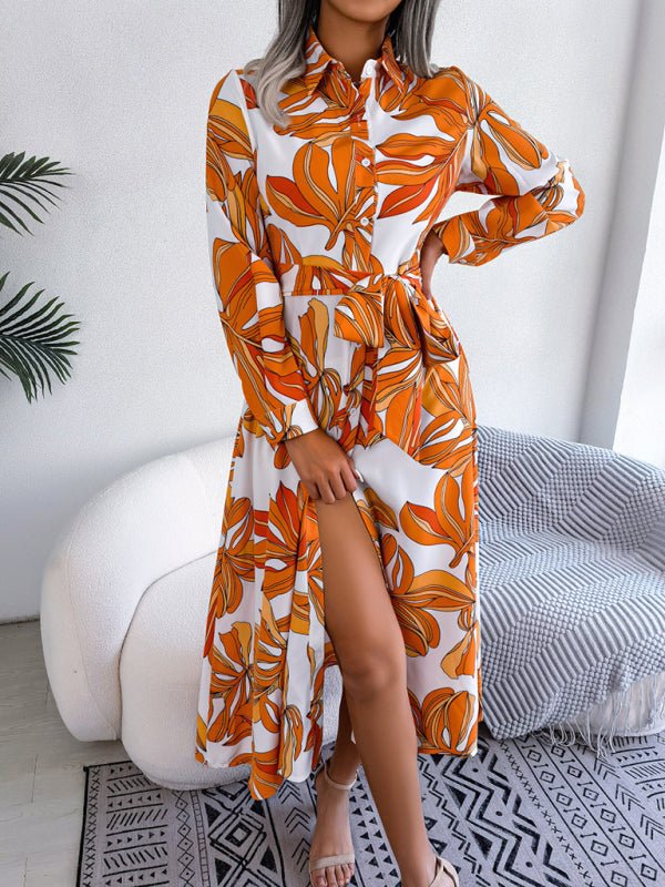 Women's Abstract Floral Print Long Sleeve Belted Shirtdress