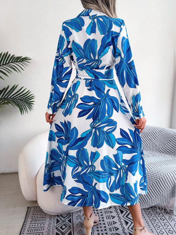 Women's Abstract Floral Print Long Sleeve Belted Shirtdress