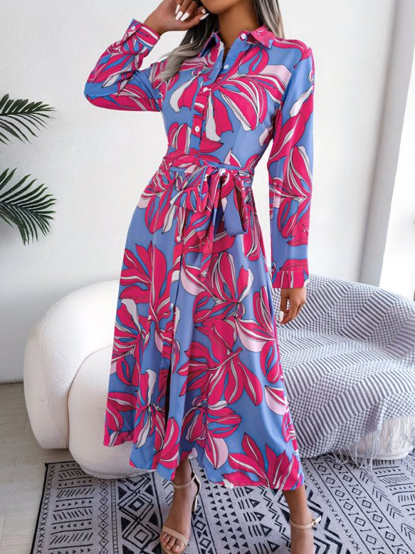 Women's Abstract Floral Print Long Sleeve Belted Shirtdress