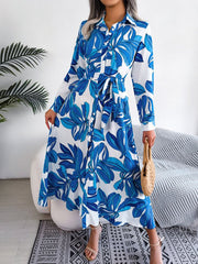 Women's Abstract Floral Print Long Sleeve Belted Shirtdress