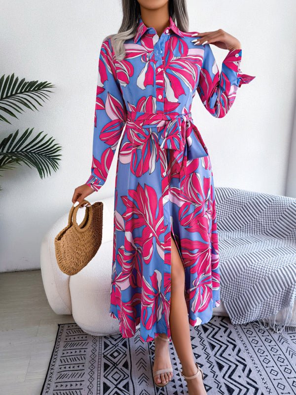 Women's Abstract Floral Print Long Sleeve Belted Shirtdress