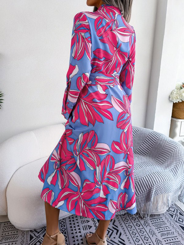 Women's Abstract Floral Print Long Sleeve Belted Shirtdress