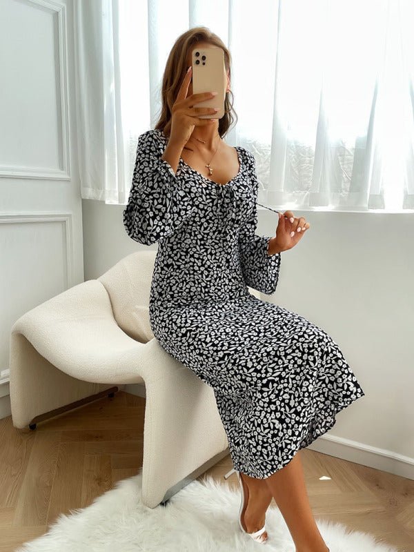 Women's backless print long-sleeved dress