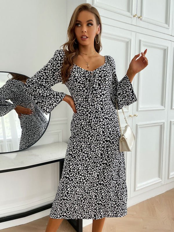 Women's backless print long-sleeved dress