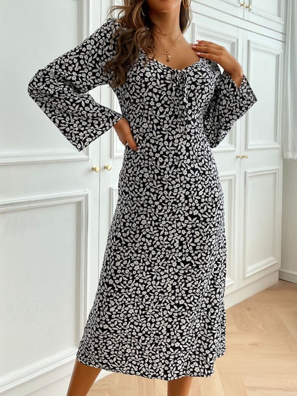 Women's backless print long-sleeved dress