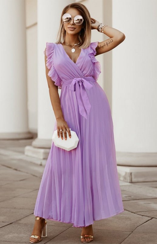 Women's Beach Sexy Lotus Leaf Sleeve Chiffon Pleated Skirt Solid Color Dress