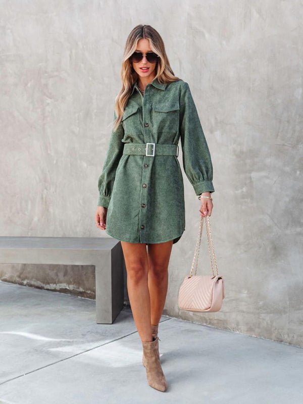 Women's Belted Long-sleeve Cotton Corduroy Shirtdress